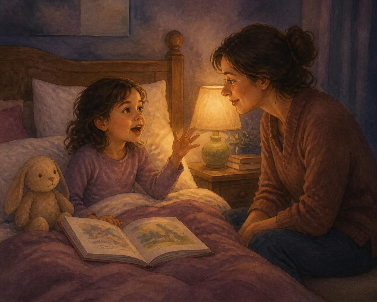 A child sitting up in bed talking while a parent listens, an open book resting on the blanket
