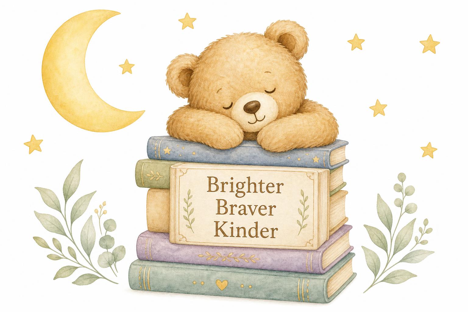 A sleeping teddy bear resting on a stack of storybooks reading Brighter, Braver, Kinder, beneath a crescent moon