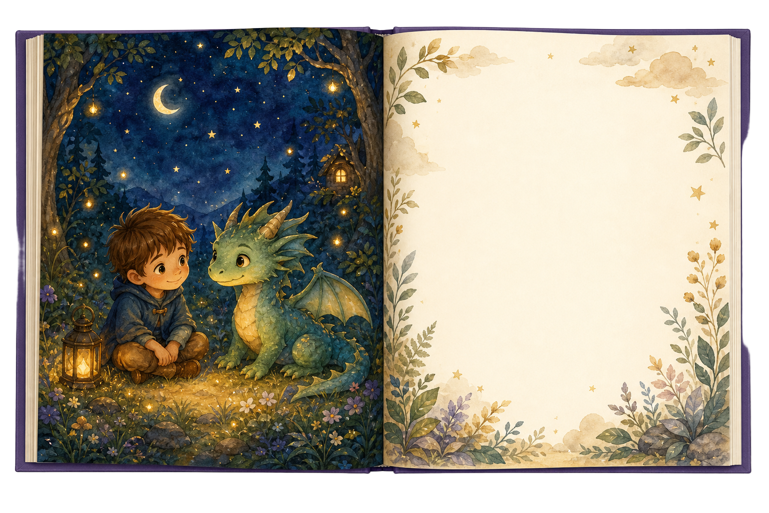 A large open Once storybook: on the left page a child sits with a friendly green dragon in a starry forest, and the right page reads “You can do brave things, Leo.”